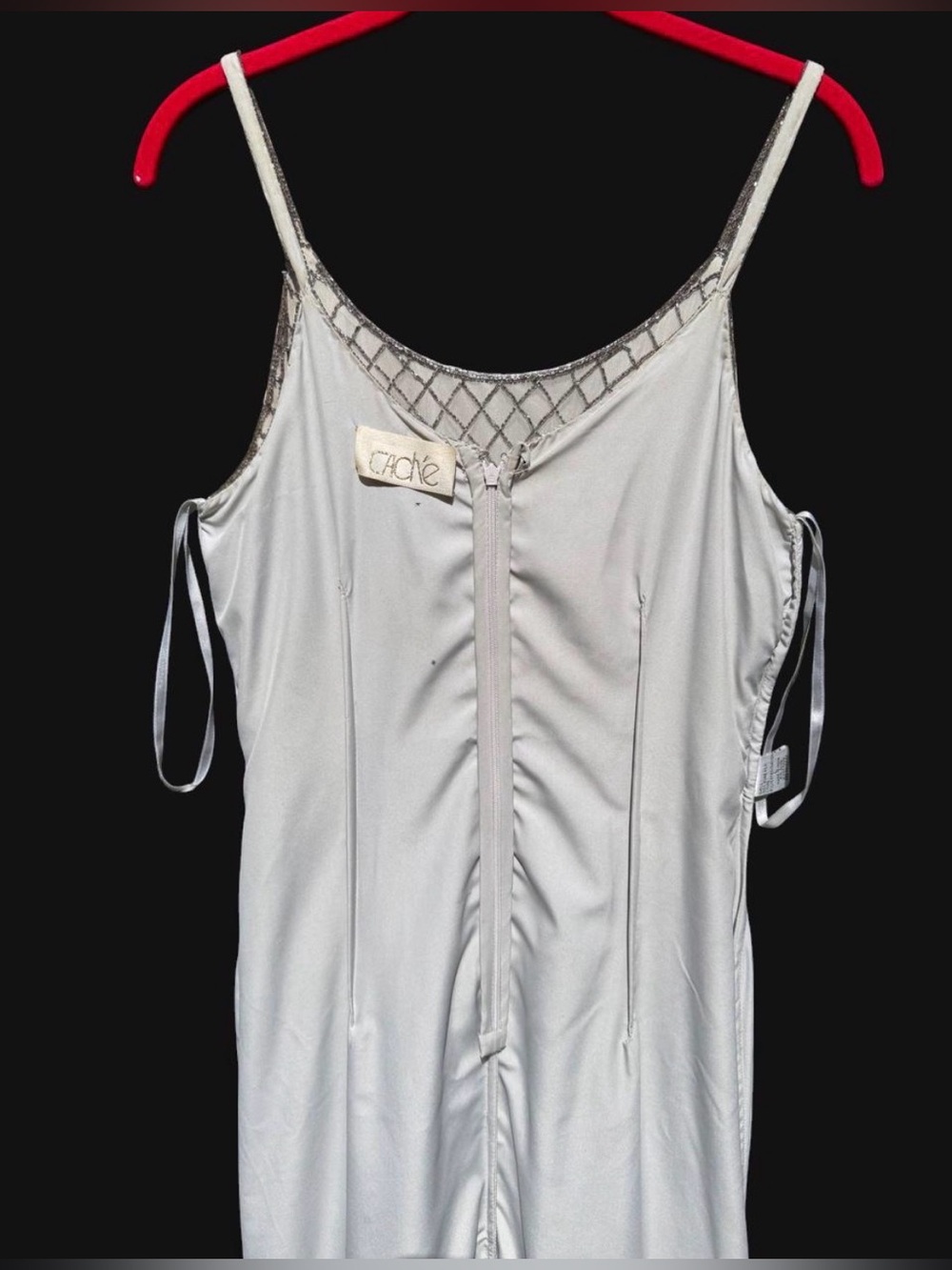Vintage CACHE BEADED DRESS 100% Silk Gray Metallic Silver Beading Beads LARGE L - Picture 9 of 17
